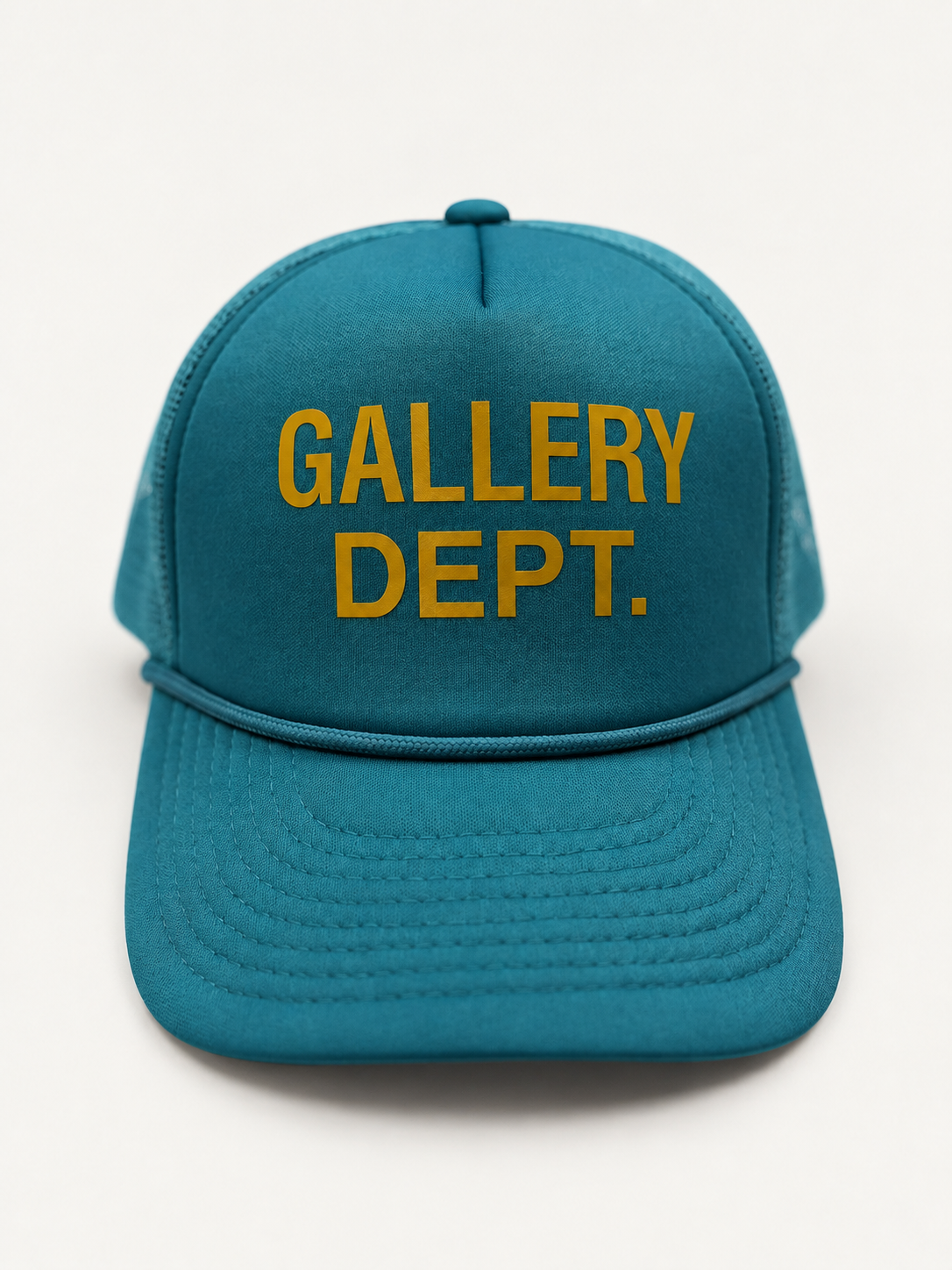 Gallery Dept Blue Yellow Logo Trucker Cap front studio view.