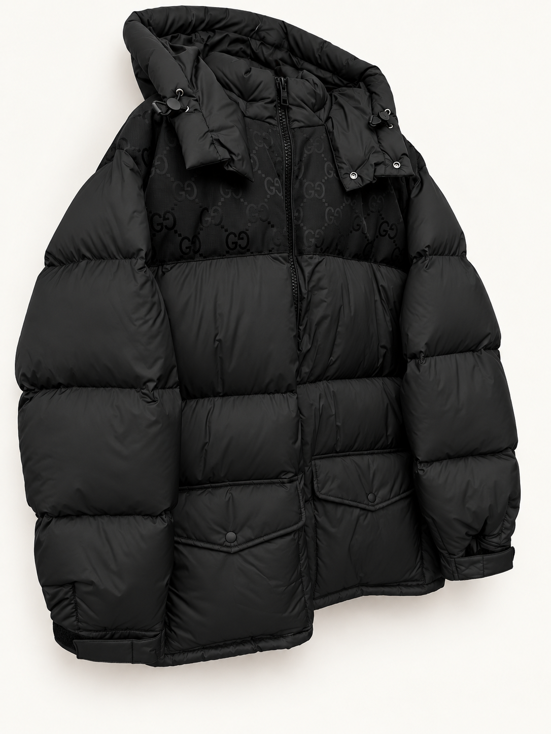 Gucci Black GG Monogram Hooded Puffer Jacket angled studio view