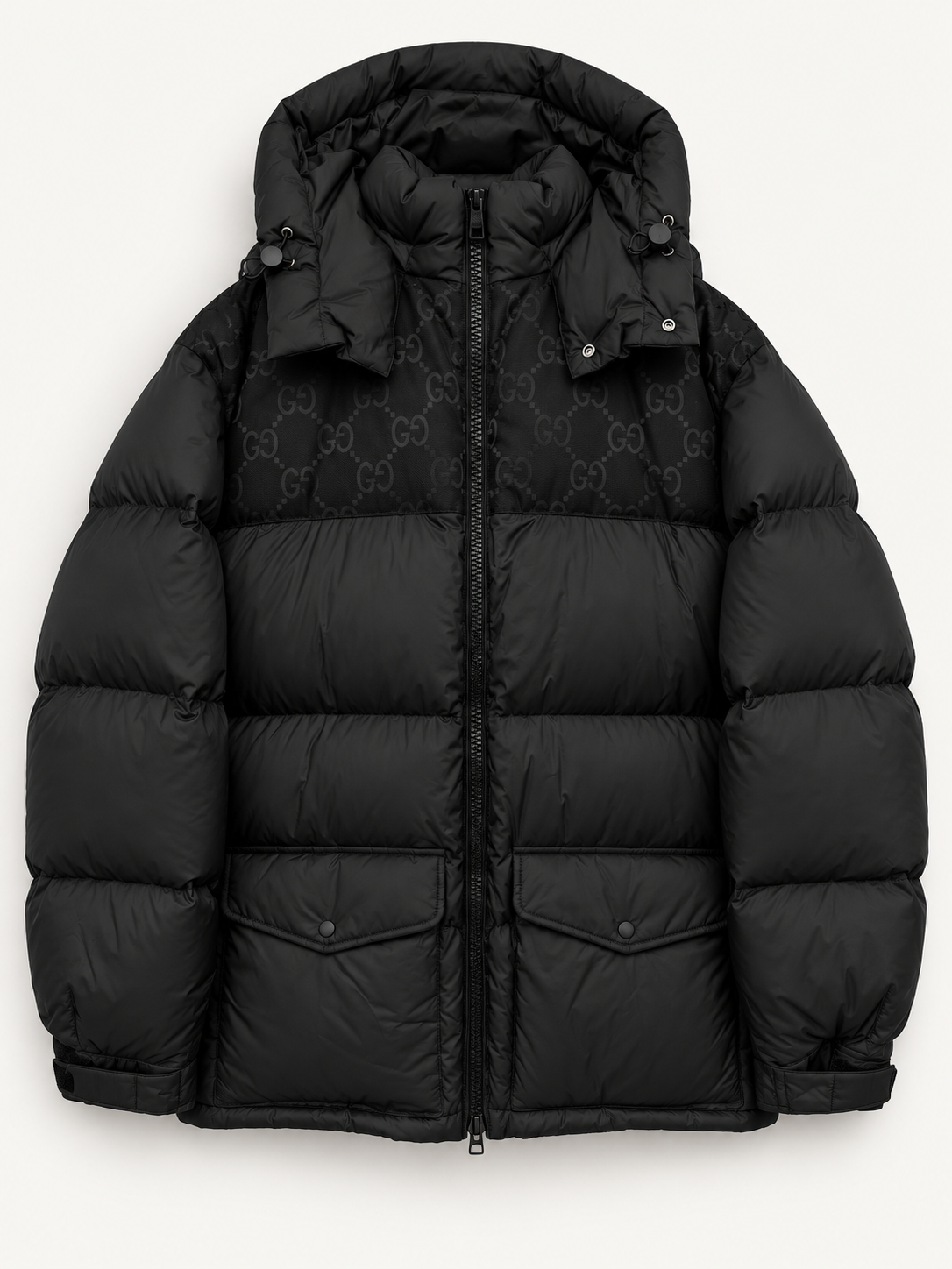 Gucci Black GG Monogram Hooded Puffer Jacket front studio view