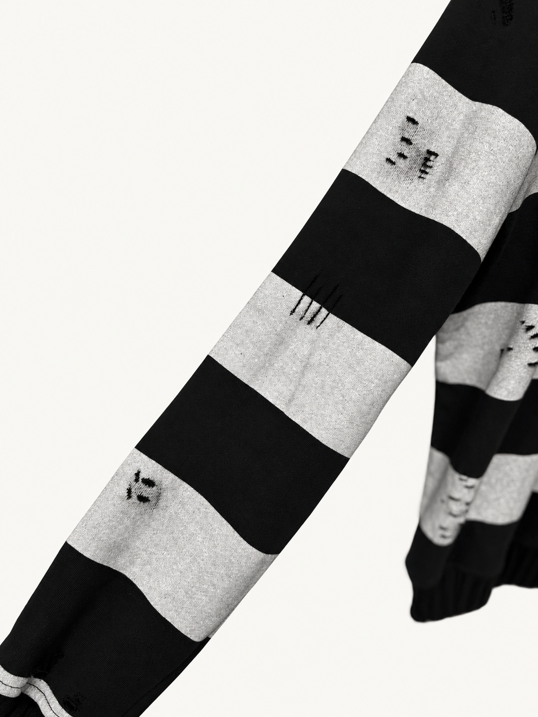 Amiri Grey Black Distressed Stripe Crewneck detail studio view.