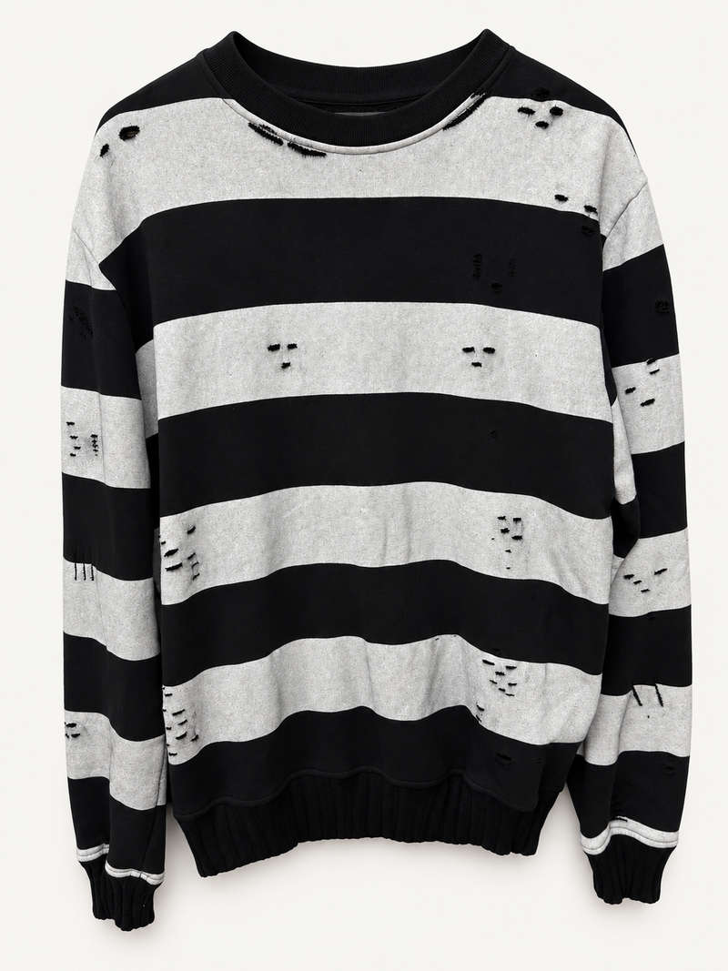 Amiri Grey Black Distressed Stripe Crewneck