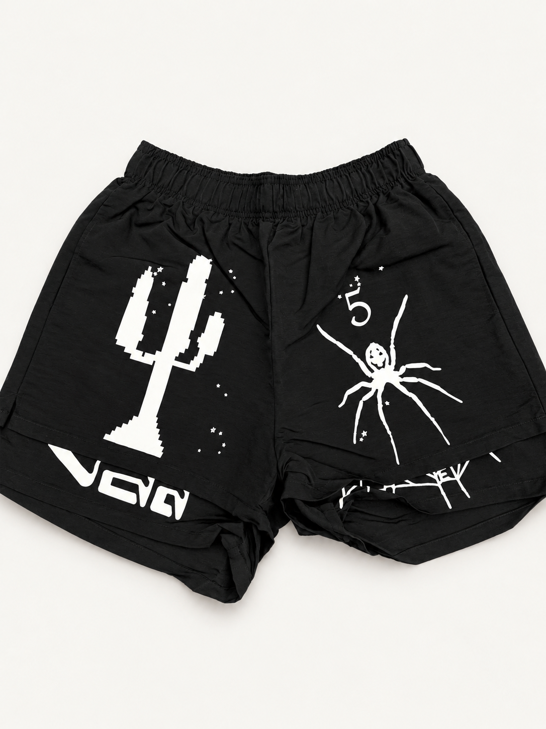 Sp5der Black Double Layer Desert Shorts studio view.