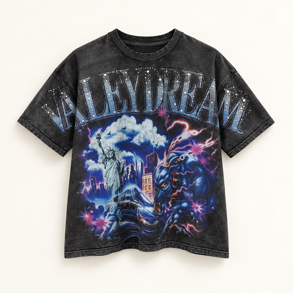 Black Vale Forever Summer Stone graphic T-shirt on warm off-white studio background